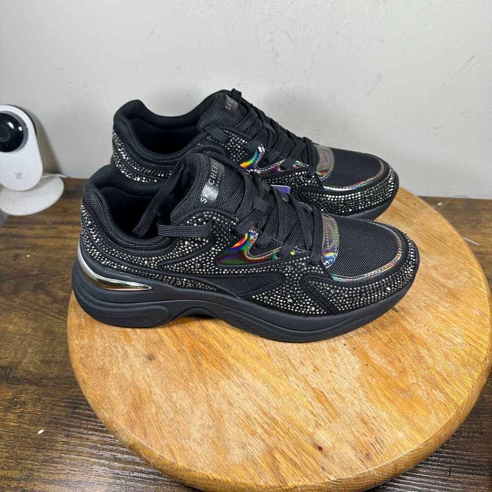 Skechers Street Rhinestone Lace Black Shoes Sneakers Women's Size 8.5